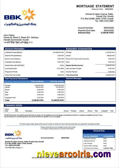 Kuwait Bank of Bahrain and Kuwait mortgage statement Word and PDF template